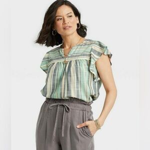 Knox Rose Women's NWOT Striped Top Size Small Boho Peasant Flutter Sleeve Shirt
